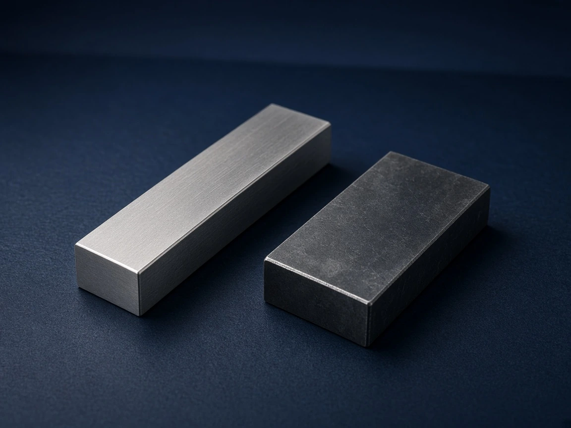 Closing navy-table still of alloy and tool samples, quiet and premium.
