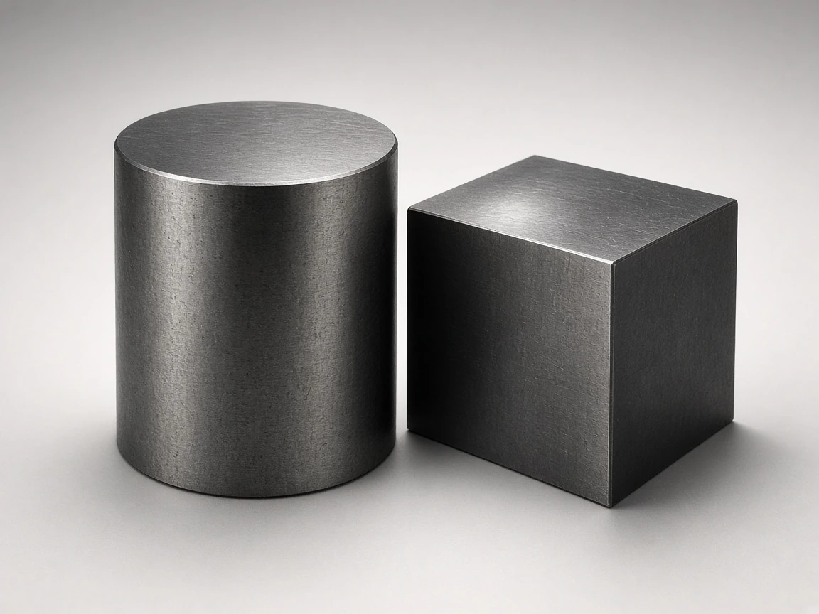 Large still of an alloy steel round and a dark tool-steel block, 4:3 industrial catalogue photo.