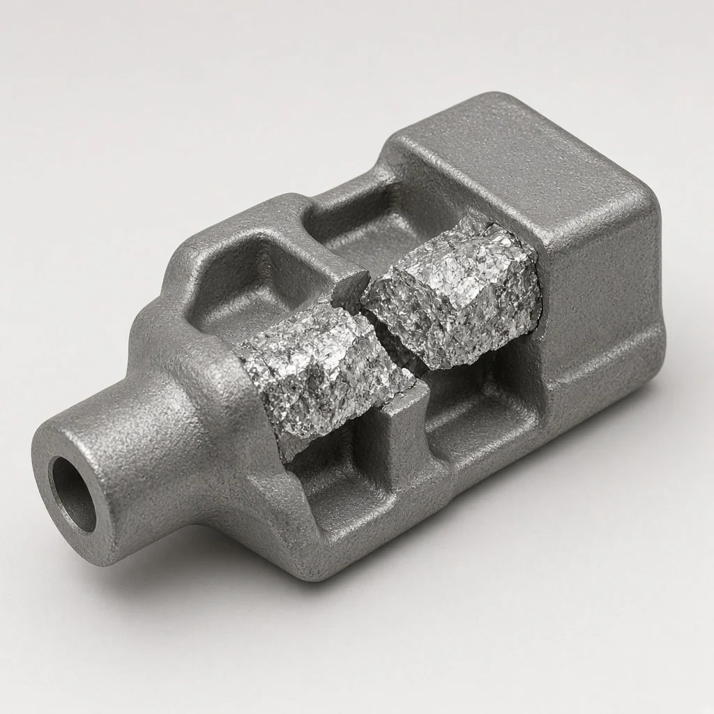 Square supporting still of alloy casting piece with a clean fracture face, studio lighting.