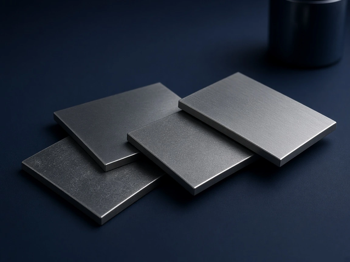 Closing still of ferrous plate samples on a dark navy table, ready for a buyer conversation.