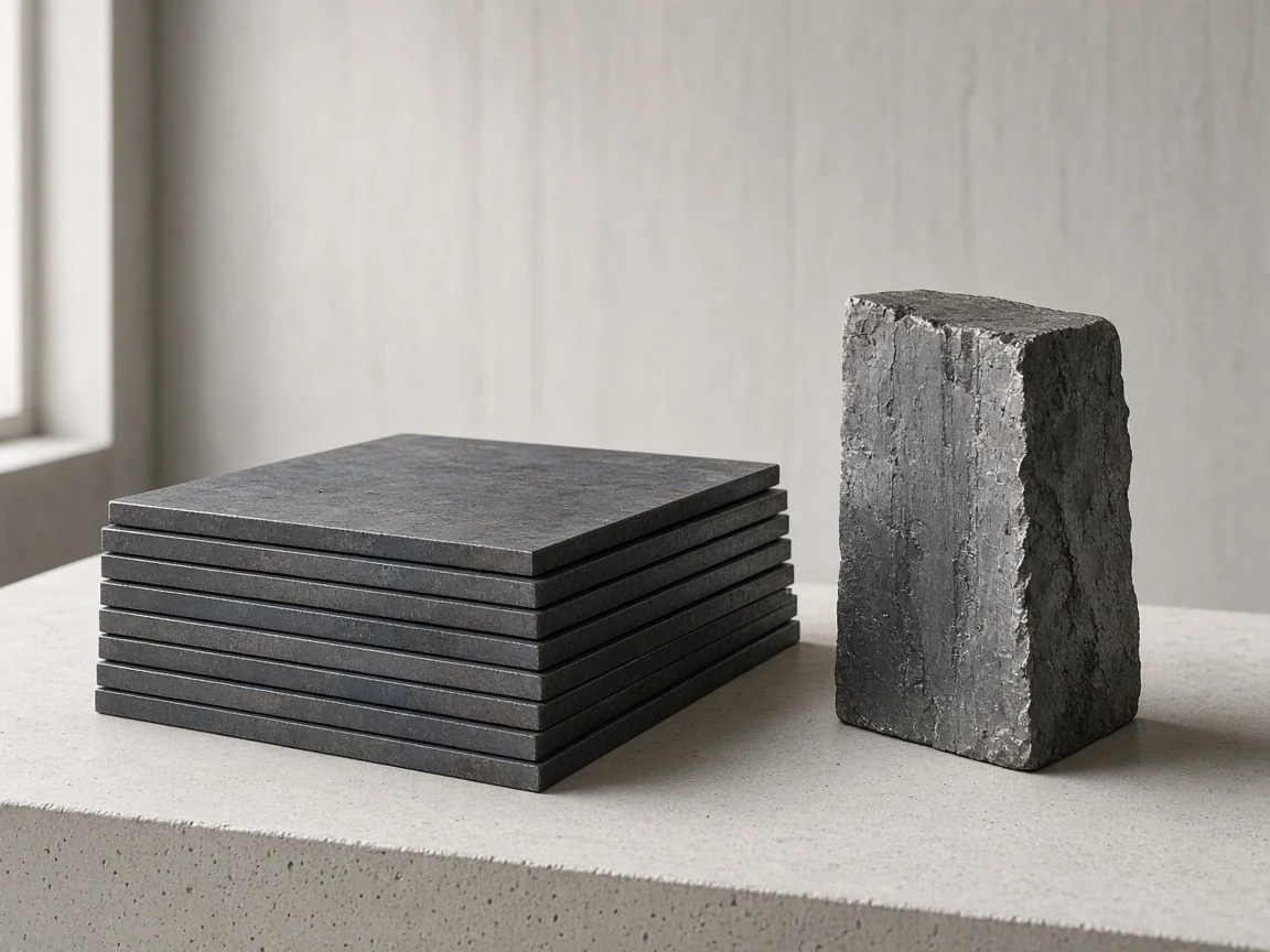 Large still of stacked mild-steel plate and a heavy melting piece on a clean studio table, 4:3 ferrous hero.
