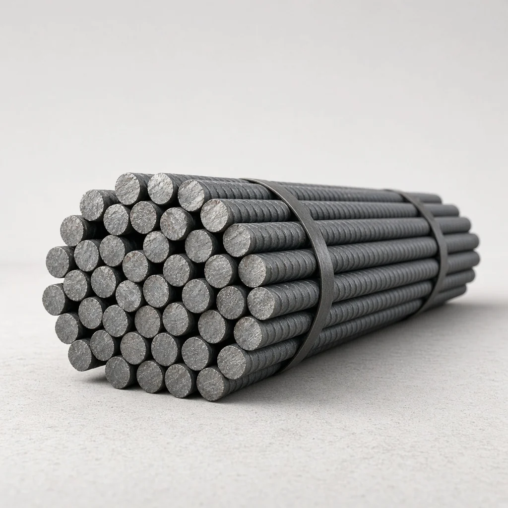 Supporting view of bundled ferrous bar ends aligned in a pale industrial set.