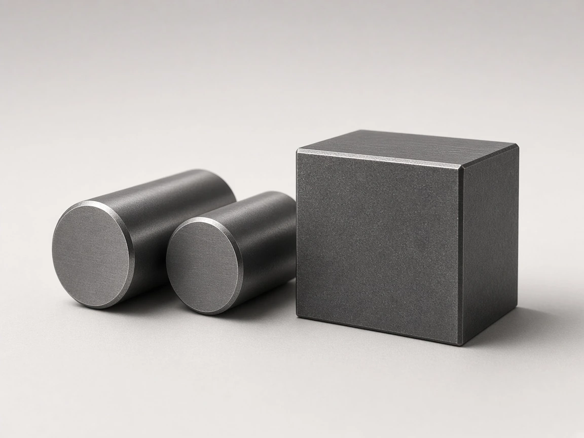 Dark alloy bar ends and a tool-steel block photographed in a quiet studio, precision industrial still life.