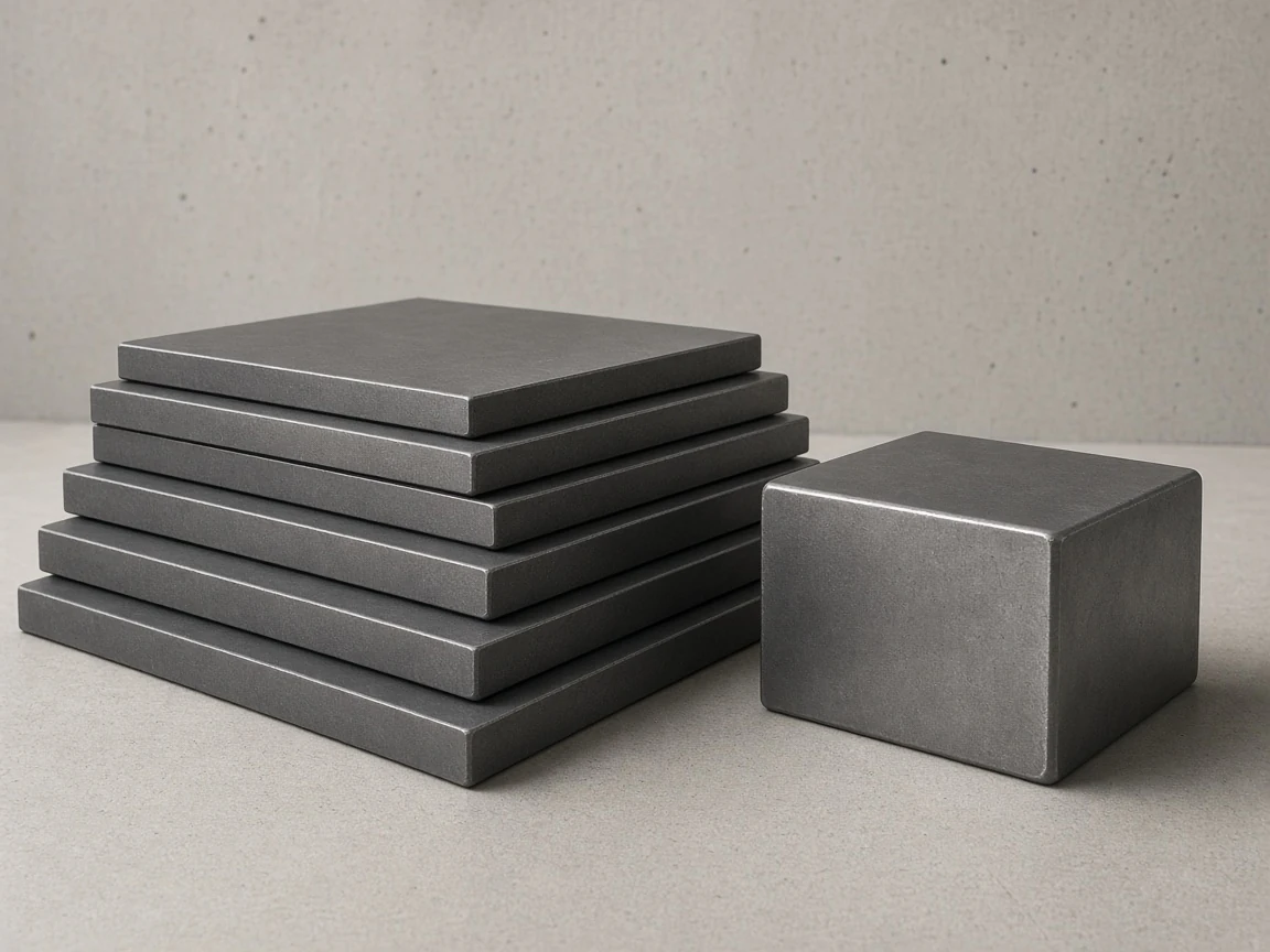 Studio photograph of carbon steel plate and heavy melting pieces arranged neatly on a pale industrial table.