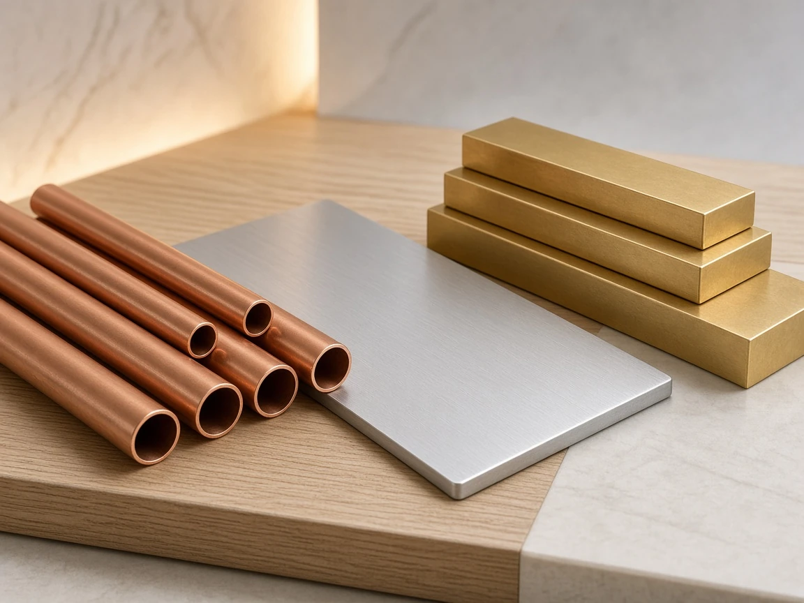 Copper pipe, aluminium plate and a brass bar grouped in warm studio light on a pale surface, clean industrial still life.