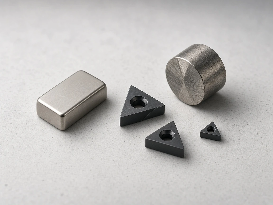 Small high-value metal pieces — nickel-toned bar, carbide inserts and a superalloy offcut — arranged with generous negative space.