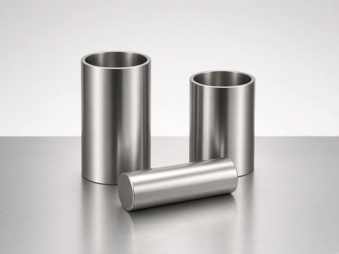 Brushed stainless sheet, pipe rings and a short bar in a bright studio still, cool grey metal on a light ground.