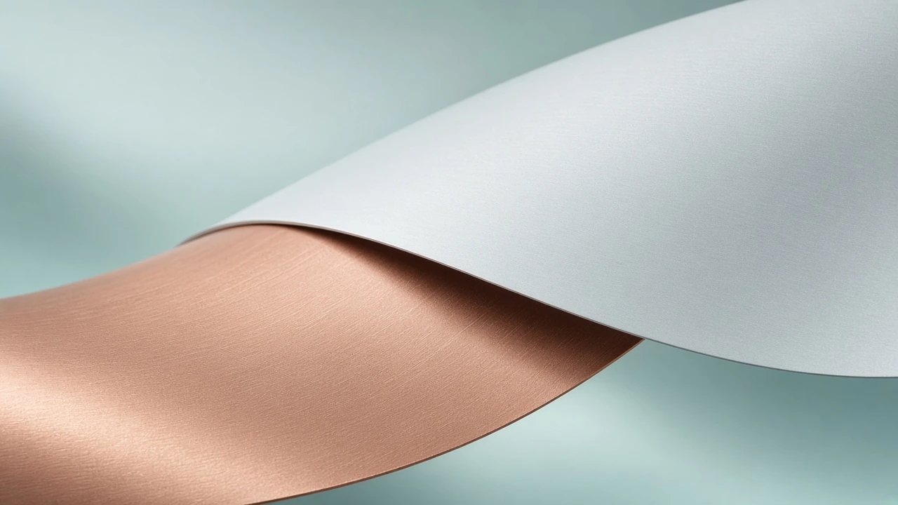 Soft mint-blue wash over warm copper and aluminium plate, 16:9 catalogue banner, studio.