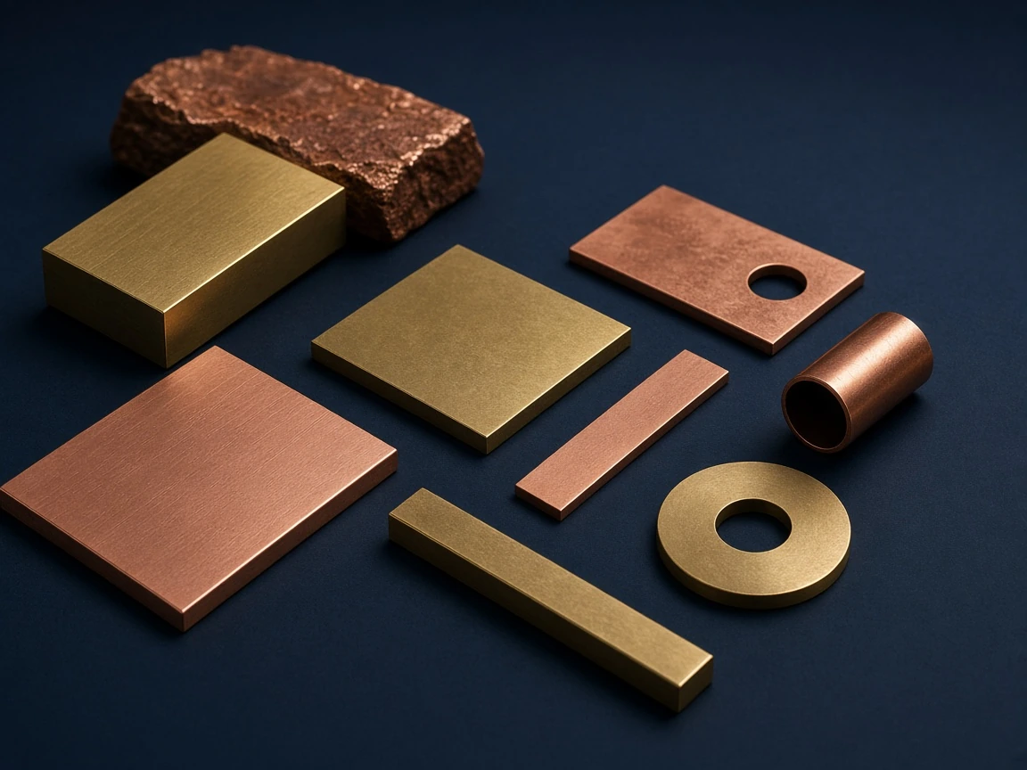 Closing still of copper and brass samples on navy, warm metal against dark ground.