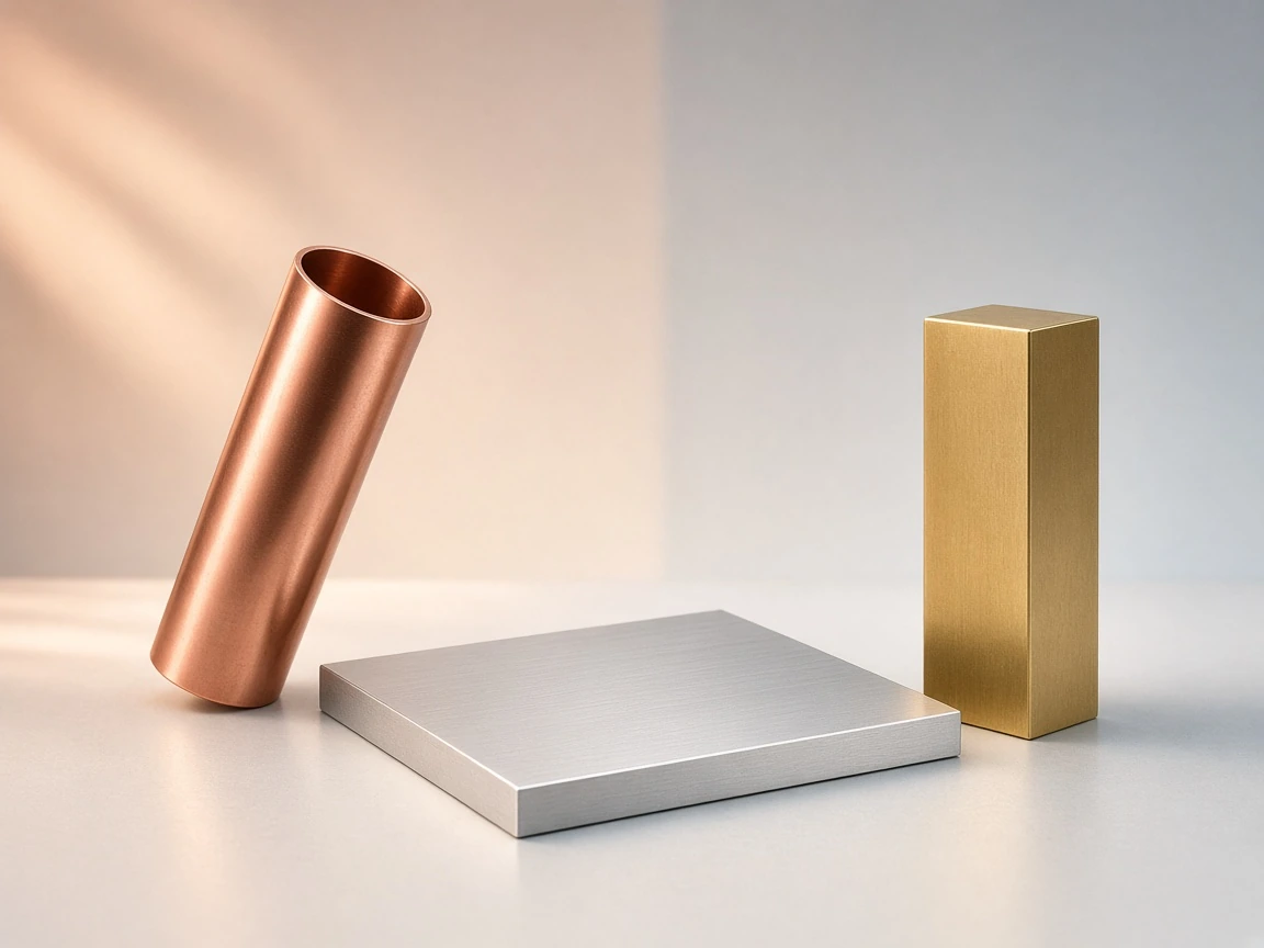 Large 4:3 still of copper pipe, aluminium plate and a brass bar grouped on a pale table.