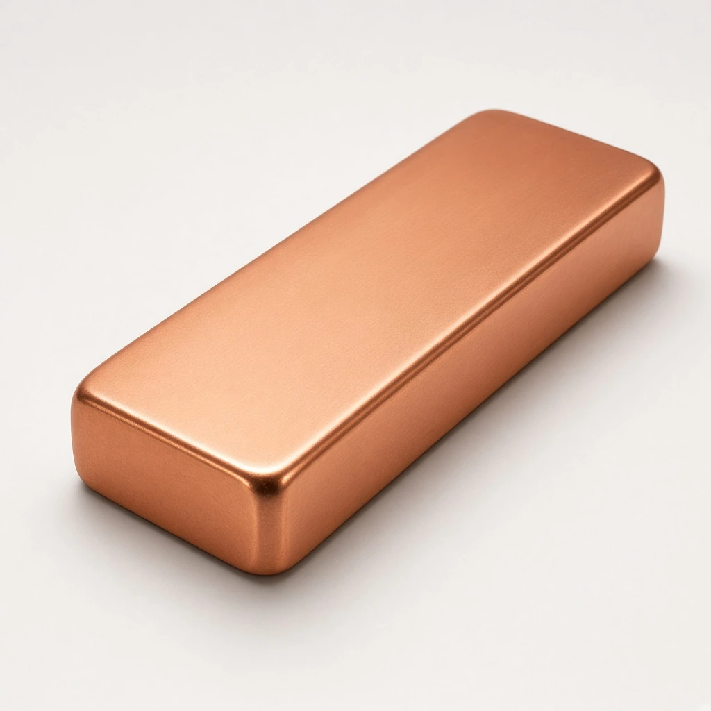 Square supporting still of bright copper busbar / plate, clean studio, no logos.