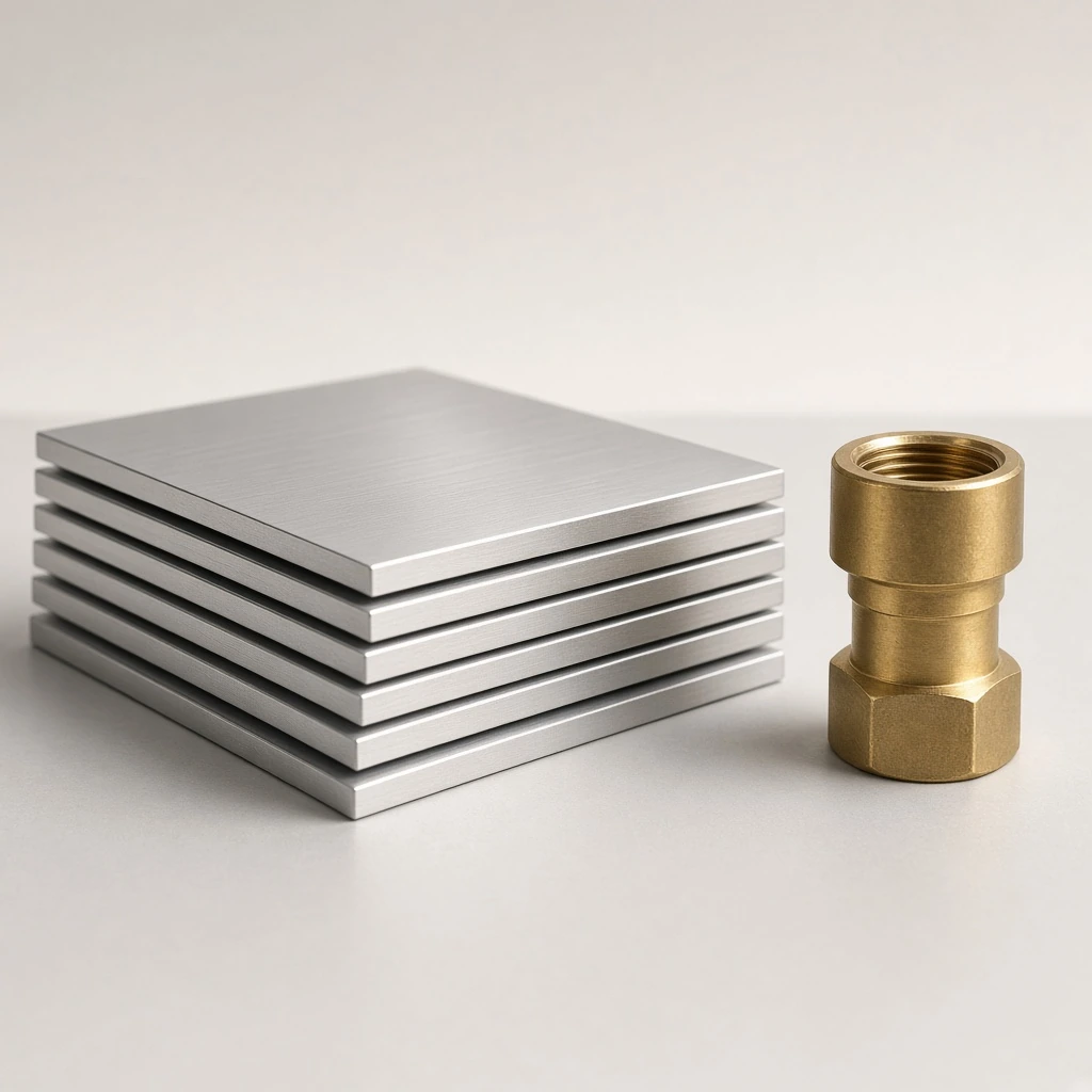 Supporting still of aluminium sheet stack with a brass fitting, calm industrial set.
