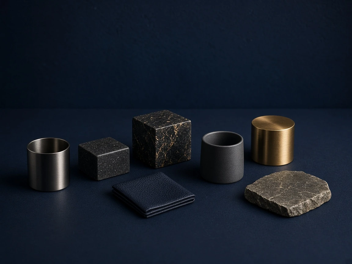 Closing still of specialty samples on dark navy, quiet premium industrial table.