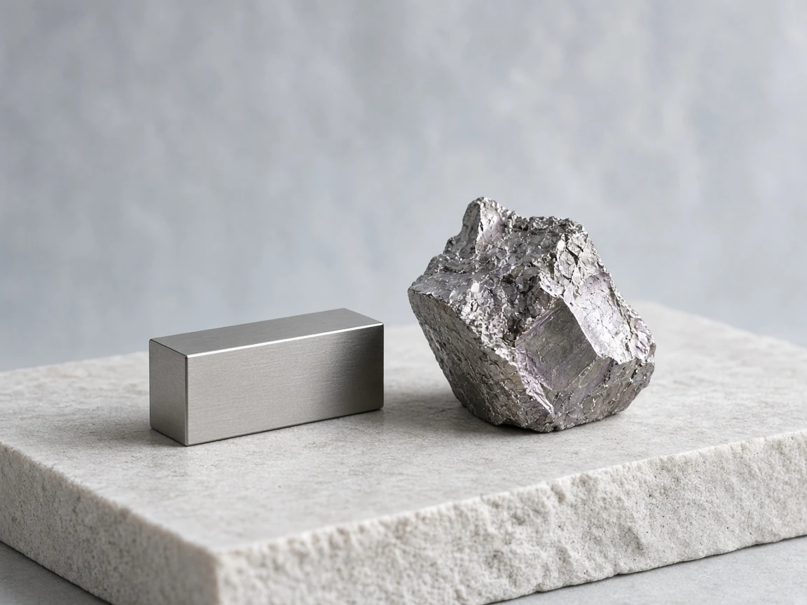 Large still of nickel-toned bar and a superalloy offcut on pale stone, 4:3 specialty hero.