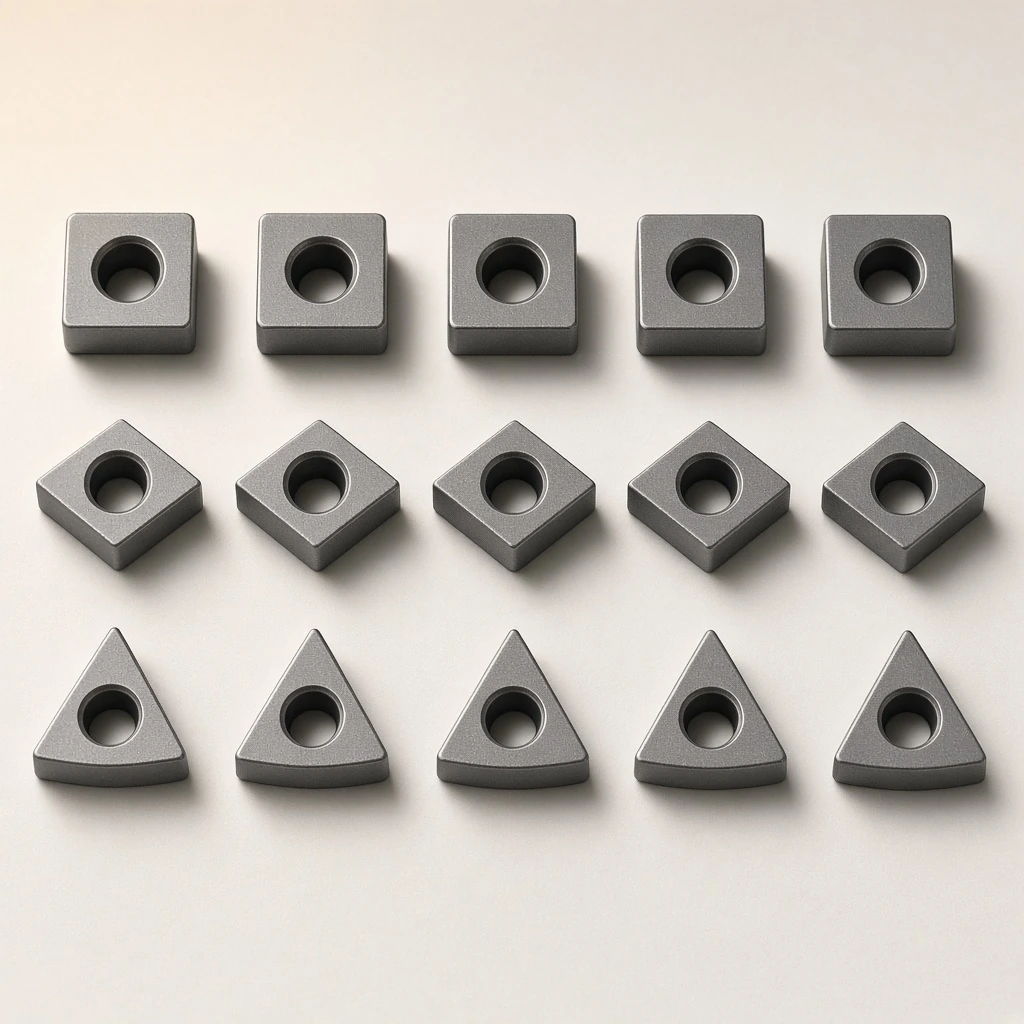 Square supporting still of tungsten-carbide inserts arranged in a calm grid, studio, no logos.