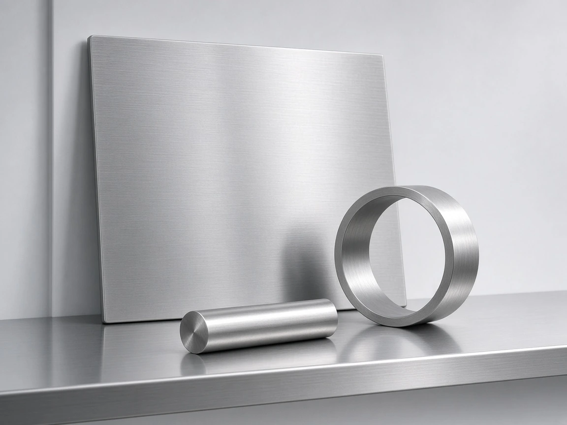 Large still of stainless plate, a pipe ring and a short round bar on a pale studio surface, 4:3.