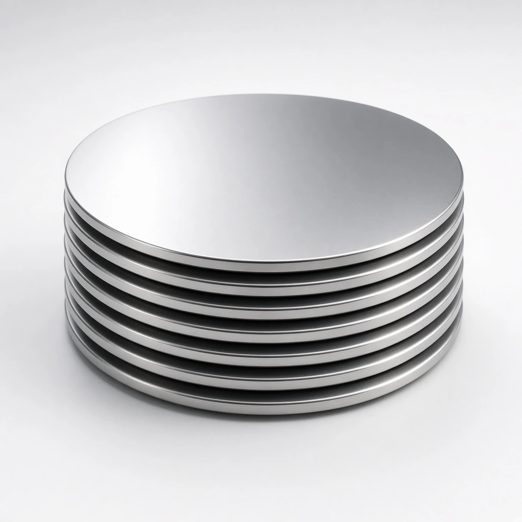 Square supporting still of stacked stainless circles / discs, clean industrial photography.