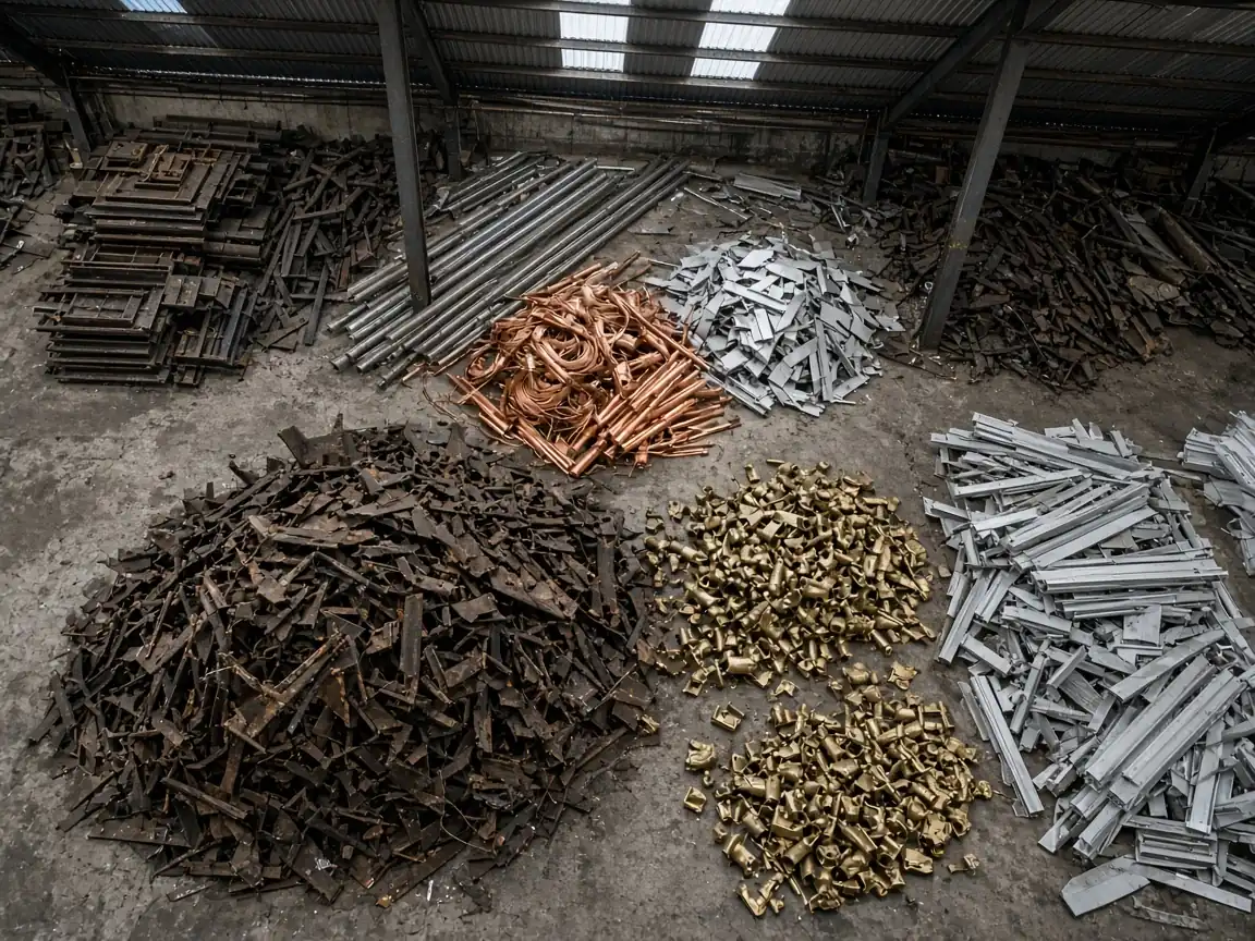 Overhead view of an industrial scrap warehouse with multiple metal scrap piles on a concrete godown floor